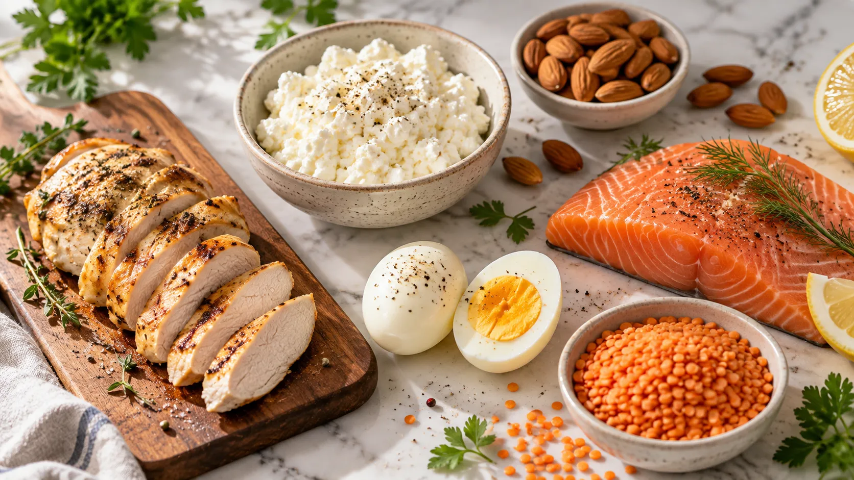 Proteinli qidalar zülal mənbələri — toyuq yumurta kəsmik balıq paxlalılar əzələ idman qida